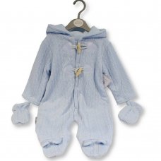 BIB-2020-2476S: Baby Cable Knit, Fleece Lined Snowsuit With Toggles- Sky (NB-9 Months)