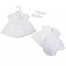 BIS-2120-6004: Baby Girls Dress, Pant & Headband Set- White (NB-6 Months)