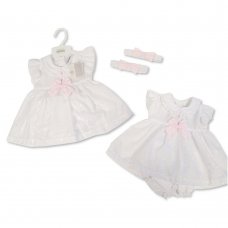 BIS-2120-6006: Baby Girls Broderie Anglais Dress with Bow and Embroidery (NB-6 Months)