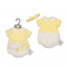 BIS-2120-6041: Baby Girls Romper & Headband- Lemon (NB-6 Months)