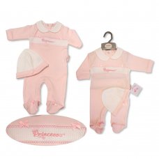 BIS-2120-6067: Baby Girls All in One with Smocking and Hat - Princess (NB-6 Months)