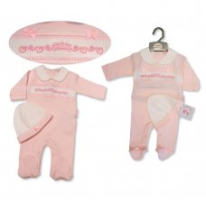 BIS-2120-6070: Baby Girls All in One with Smocking and Hat - Crown (NB-6 Months)