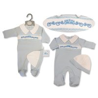 BIS-2120-6075: Baby Boys All in One with Smocking and Hat - Crown (NB-6 Months)