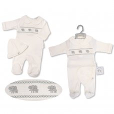 BIS-2120-6080: Baby All in One with Smocking and Hat - Elephant (NB-6 Months)