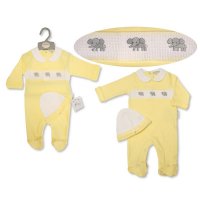 BIS-2120-6083: Baby All in One with Smocking and Hat - Elephant (NB-6 Months)