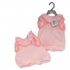 BIS-2120-6162P:  Baby Girls Broderie Anglaise Romper- Pink (NB-6 Months)