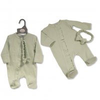 BIS-2120-6178: Baby Girls Ribbed All In One & Headband Set- Sage (0-12 Months)
