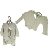 BIS-2120-6175: Baby Girls Ribbed 3 Piece Outfit- Sage (0-12 Months)