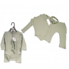 BIS-2120-6175: Baby Girls Ribbed 3 Piece Outfit- Sage (0-12 Months)