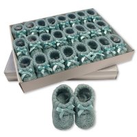BSS-116-354SG: Knitted Baby Bootees with Bow-Sage Green (0-3 Months)