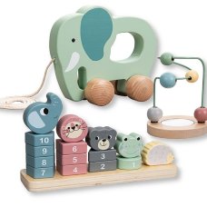 BT-24-0015: Wooden Educational Toy Trio (18 pcs) (Stacking Toy, Pull Toy, Bead Maze)