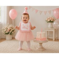 BW-0503-0653P: Baby 1st Birthday Bib and Hat Set- Pink (One Size- 0-12 Months)