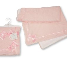 BW-112-2026P- LA: Baby 2 Layer Waffle Wrap with Lace Ribbon and Bow- Pink