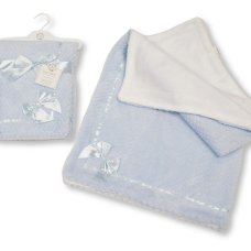 BW-112-2026S- LA: Baby 2 Layer Waffle Wrap with Lace Ribbon and Bow- Sky