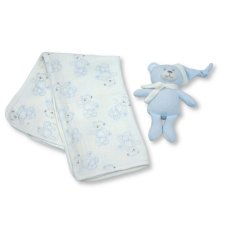 BW-112-3000S: Baby Muslin Fabric Blanket & Teddy - Sky