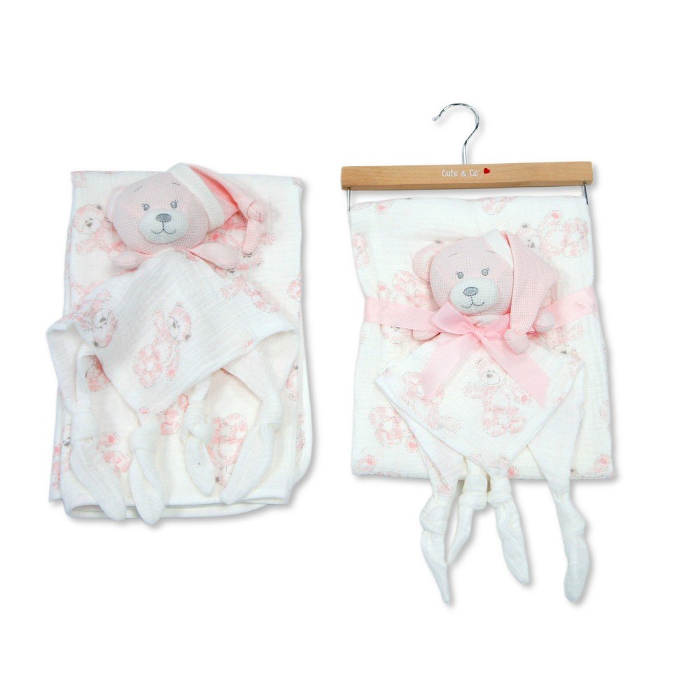 BW-112-3001P: Baby Muslin Fabric Blanket & Teddy Comforter- Pink BW-112-3001P: Baby Muslin Fabric Blanket & Teddy Comforter- Pink