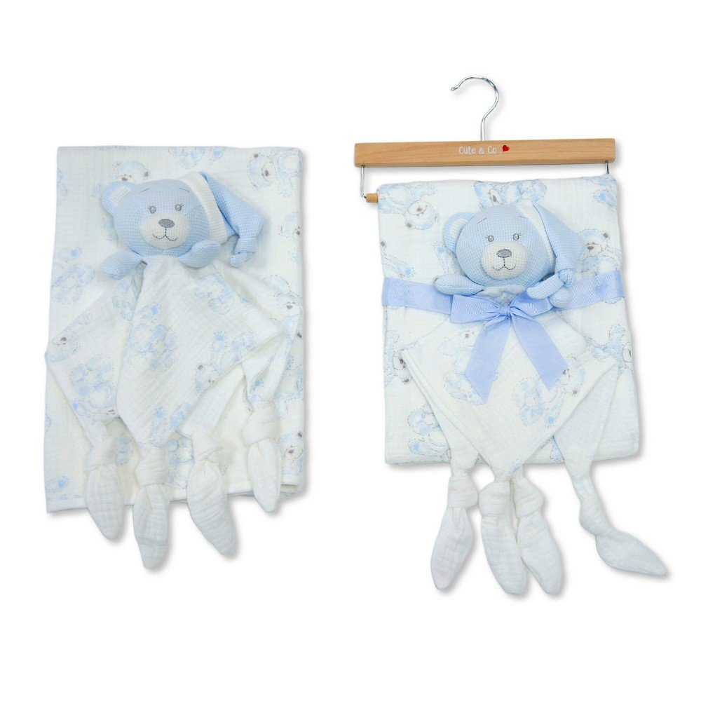 BW-112-3001S: Baby Muslin Fabric Blanket & Teddy Comforter- Sky BW-112-3001S: Baby Muslin Fabric Blanket & Teddy Comforter- Sky