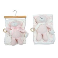 BW-112-3004P: Baby Muslin Fabric Blanket & Large Teddy With Ring & rattle - Pink
