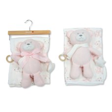 BW-112-3004P: Baby Muslin Fabric Blanket & Large Teddy With Ring & rattle - Pink