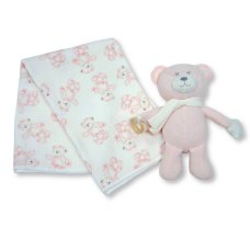 BW-112-3004P: Baby Muslin Fabric Blanket & Large Teddy With Ring & rattle - Pink
