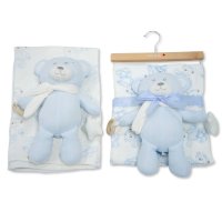 BW-112-3004S: Baby Muslin Fabric Blanket & Large Teddy With Ring & rattle - Sky