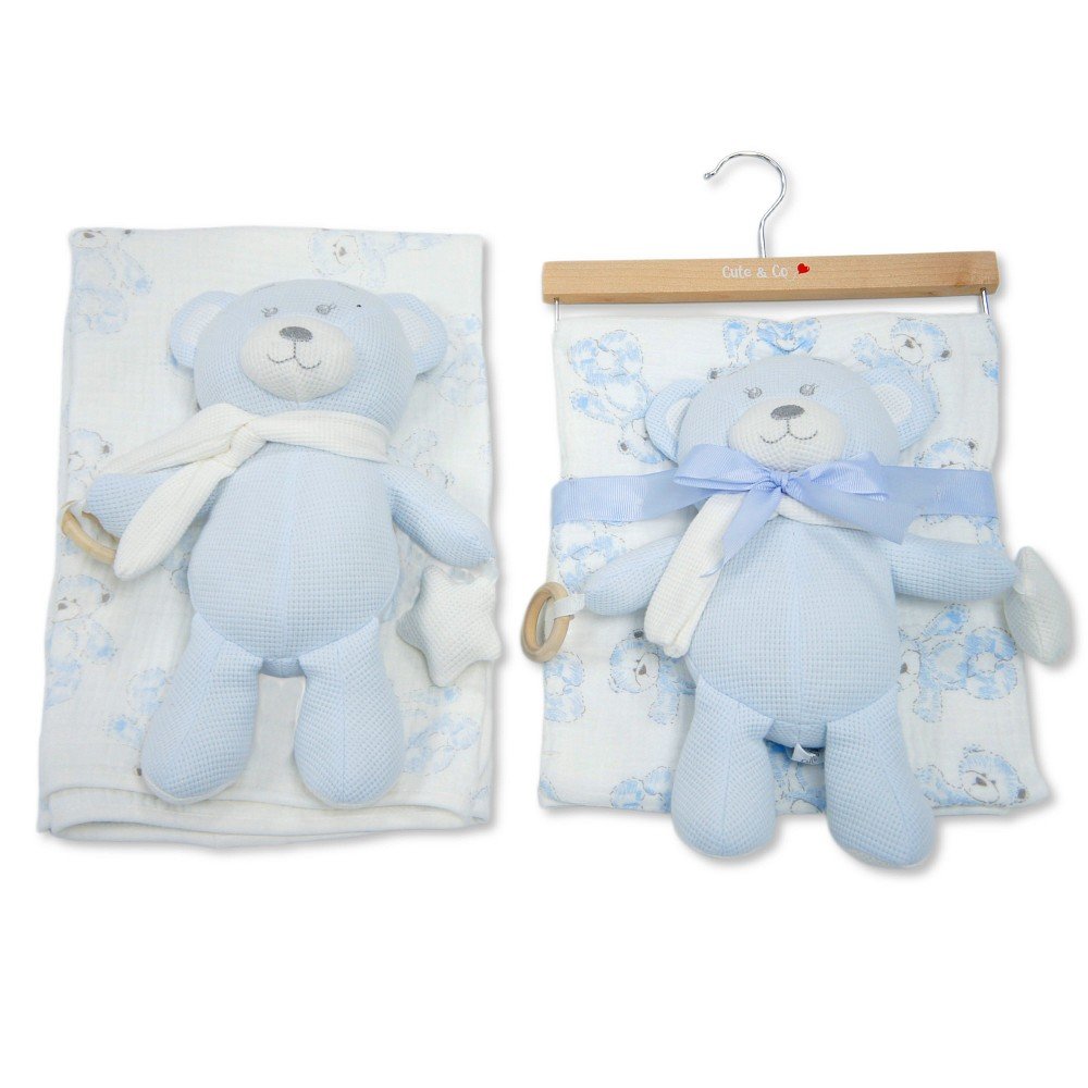 BW-112-3004S: Baby Muslin Fabric Blanket & Large Teddy With Ring & rattle - Sky BW-112-3004S: Baby Muslin Fabric Blanket & Large Teddy With Ring & rattle - Sky