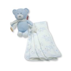 BW-112-3004S: Baby Muslin Fabric Blanket & Large Teddy With Ring & rattle - Sky