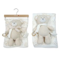 BW-112-3004T: Baby Muslin Fabric Blanket & Large Teddy With Ring & rattle - Taupe