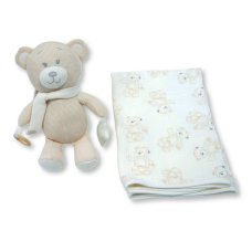 BW-112-3004T: Baby Muslin Fabric Blanket & Large Teddy With Ring & rattle - Taupe