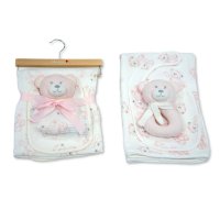 BW-112-3005P: Baby Muslin Fabric Blanket & Bib With Teddy Ring Rattle- Pink