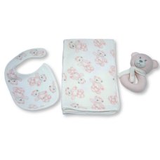 BW-112-3005P: Baby Muslin Fabric Blanket & Bib With Teddy Ring Rattle- Pink
