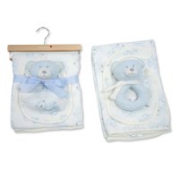 BW-112-3005S: Baby Muslin Fabric Blanket & Bib With Teddy Ring Rattle- Sky