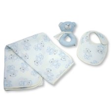 BW-112-3005S: Baby Muslin Fabric Blanket & Bib With Teddy Ring Rattle- Sky