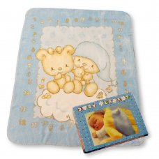 BW-112-811S: Baby Teddy Print Plush Mink Cot Blanket- Sky (110x140cm)