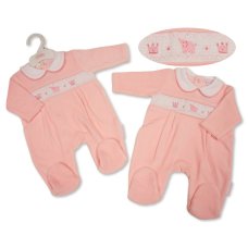 BW-13-432: Baby Girls Elephant Smocked Velour All In One (NB-6 Months)