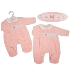 BW-13-435: Baby Girls Bow Smocked Velour All In One (NB-6 Months)