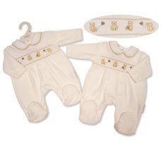 BW-13-438: Baby Unisex Teddy Smocked Velour All In One (NB-6 Months)