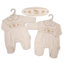 BW-13-439: Baby Unisex Rocking Horse Smocked Velour All In One (NB-6 Months)