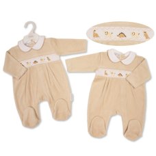 BW-13-440: Baby Unisex Dinosaur Smocked Velour All In One (NB-6 Months)