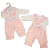 BW-13-453: Baby Girls Quilted 2 Piece Dungaree Outfit - Hug Me (NB-6 Months)