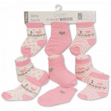 BW-61-2214: Baby Girls 3 Pack Socks- I Love Mummy/Daddy (0-6 Months)