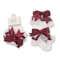 BW-61-2220WHN: Baby Lace Socks With Bow - Wine (0-18 Months)