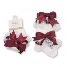 BW-61-2220WHN: Baby Lace Socks With Bow - Wine (0-18 Months)