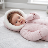 C05743: Baby Girls Snowsuit With Faux Fur Trim & Heart Quilting (0-12 Months)