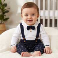 E07663: Baby Boys Knitted Bow Tie Bodysuit & Trousers With Braces (0-12 Months)