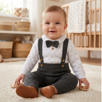 E07666: Baby Boys Knitted Bow Tie Bodysuit & Trousers With Braces (0-12 Months)