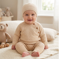 E07703: Baby Beige True Knit 3 Piece Outfit (0-12 Months)