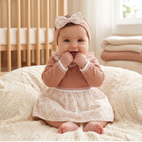 E07708: Baby Girls Knitted/ Woven Mix Dress & Headband Set (0-12 Months)