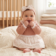 E07708: Baby Girls Knitted/ Woven Mix Dress & Headband Set (0-12 Months)