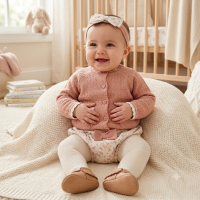 E07711: Baby Girls Knitted/ Woven Mix Cardigan, Knickers, Tights & Headband Outfit (0-12 Months)